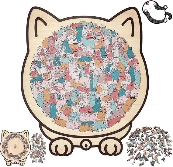 Wooden Cat Puzzle, 135-piece Cat Jigsaw Puzzles for Adults, Unique Animal Shape Irregular Jigsaw with Frame, Educational Games Creative Puzzle Gifts for Kids Family Friends