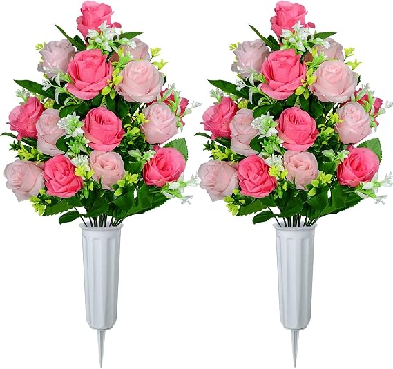 XONOR Artificial Cemetery Flowers, Set of 2 Artificial Rose Bouquet Graveyard Memorial Flowers with Vase for Cemetery Headstones Decoration (Pink-2Pcs)