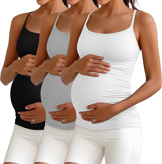 Ficerd 3 Pack Women's Maternity Tank Tops Pregnancy Camisole with Adjustable Straps Side Ruched Cami Stretch Soft Shirts