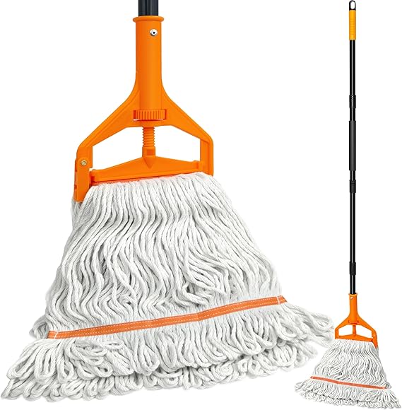 TidyBliss Commercial Mop Heavy Duty, 55 inches Long Handle Large Looped-End Industrial String Floor Cleaner, Professional Dry Wet Cotton Cleaning Tool for Concrete Tile Hardwood Office Garage (Orange)