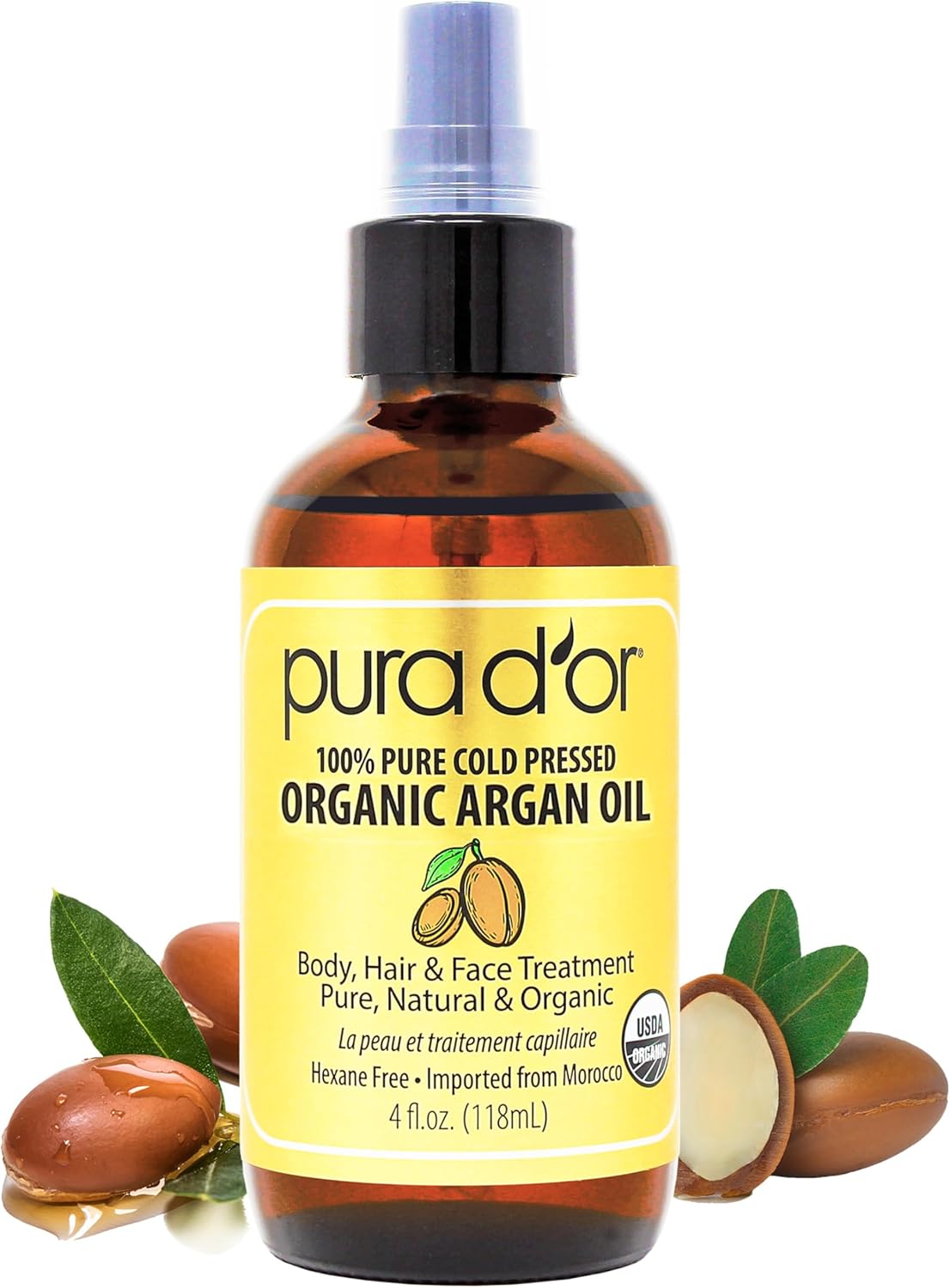 PURA D'OR Organic Moroccan Argan Oil 100% Pure Cold Pressed &amp; USDA Organic Moisturizing Treatment for Face, Hair, Skin &amp; Nails, 118 mL