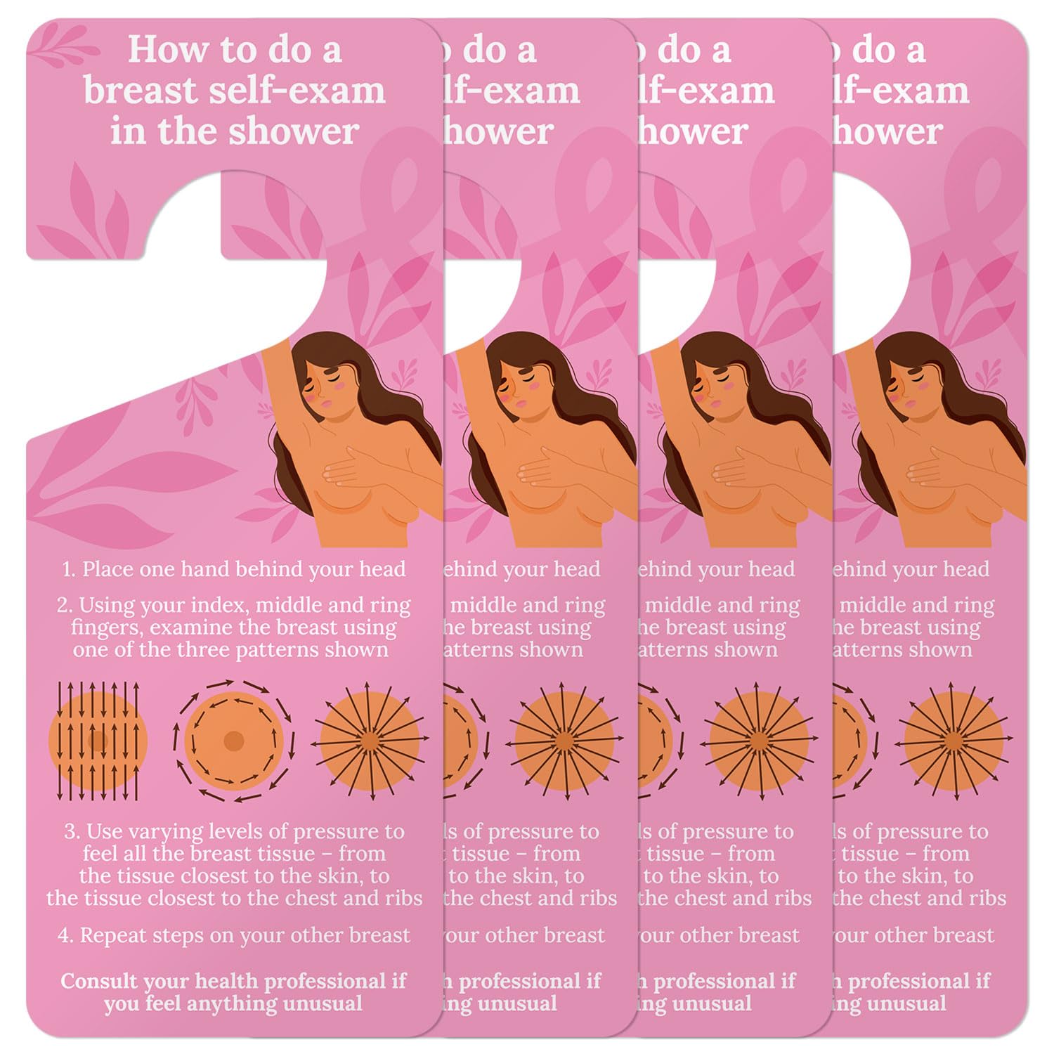 Breast SelfExamination Card How to Do a BSE in Shower Hanging Door Tag, 4 Pack 9x3 Inches, Thick HDPS high Density polystyrene, Made in USA by Sigo Signs