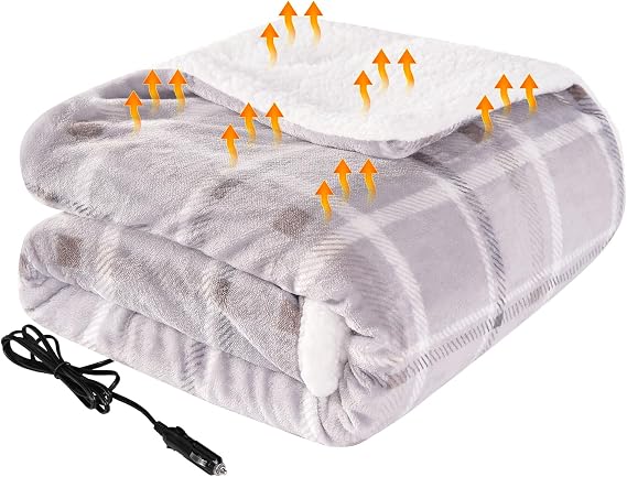 Westinghouse Heated Car Blanket, Beige Buffalo Plaid, 59" x 43 | 12-Volt Electric Blanket for Car, Truck, SUV, RV, Portable Heated Throw for Camping