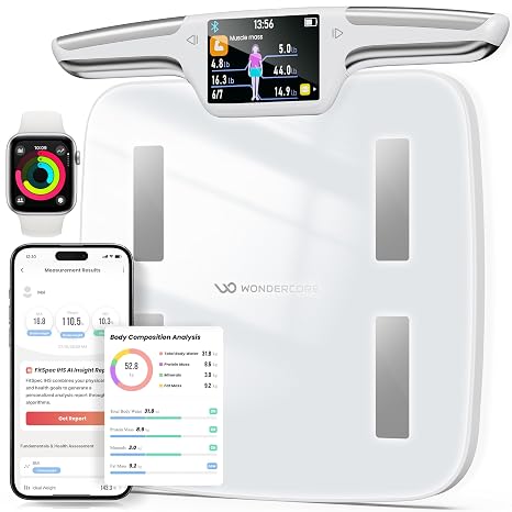 Wonder Core FitSpec - Smart Scale with AI Analysis, 55 Metrics Body Composition for Body Fat, BMI, Muscle Mass, 8 Electrodes Digital Bathroom Scale for Body Weight, Color TFT LCD