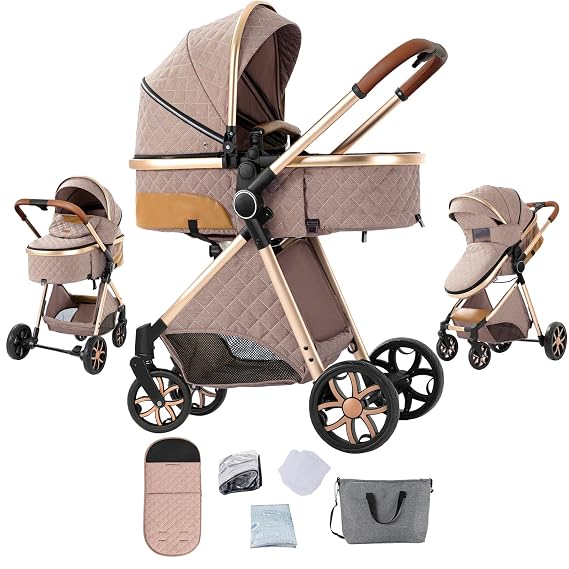 2 in 1 Baby Stroller, Convertible Reversible Infant Stroller, Newborn Travel Pram with One-Click Folding, Toddler Standard Carriage (225 Khaki)