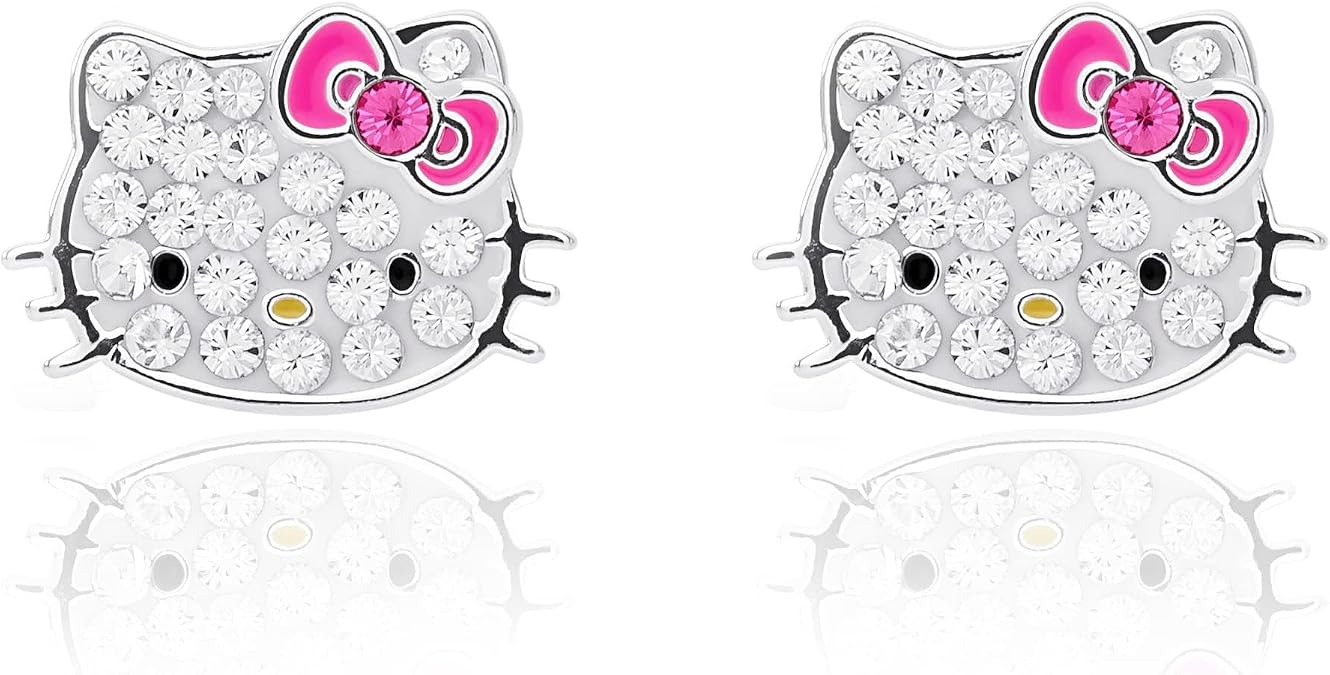 Sanrio Hello Kitty Womens Clear Crystal Stud Earrings - Silver Plated Hello