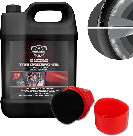2500ml Silicone Tyre Shine & Trim Dressing Gel Kit, Tyre Black With Applicator & Integrated Pot, Super Gloss Tyre Dressing Formula, Lasts up to 3 weeks, Ultra Wet Look Finish (2.5 Litre Kit)