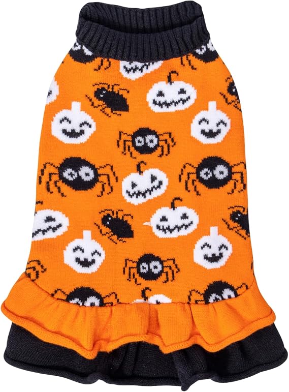 CuteBone Halloween Dog Sweater Dress, Soft and Stretchy Dog Clothes for Small Dogs Girl, Pumpkin Spider Puppy Sweater Pullover Ruffle Dress Pet Outfit Cat Apparel