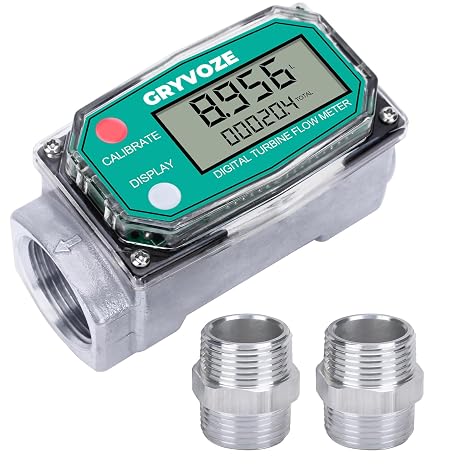 GRYVOZE 1 Inch Digital Turbine Fuel Flow Meter, 2.6-26 GPM Inline NPT Thread Flowmeter with 1 Inch NPT Male for Water, Diesel, Gas Oil, Gasoline, and Other Liquids - Supports Gallon, QTS, PTS, L, m3
