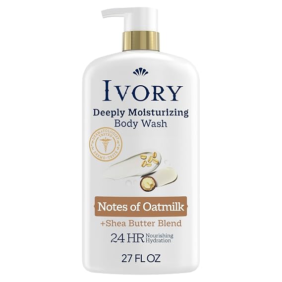 Ivory Body Wash, Deeply Moisturizing, 24hr Nourishing Hydration, Soothes Itchy Dry Skin, Made with Shea Butter Blend, Free of Dyes Heavy Perfumes Parabens & Phthalates, Oatmilk Scent, 27 oz