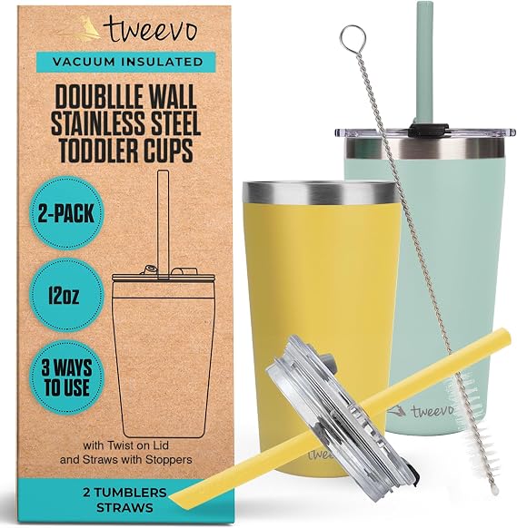 tweevo Sippy Cups For Toddlers 1-3 - Toddler Cups w/Screw Lids - Stainless Steel Kids Cups With Straws and Lids - 2 Pack (Yellow & Blue, 12oz)