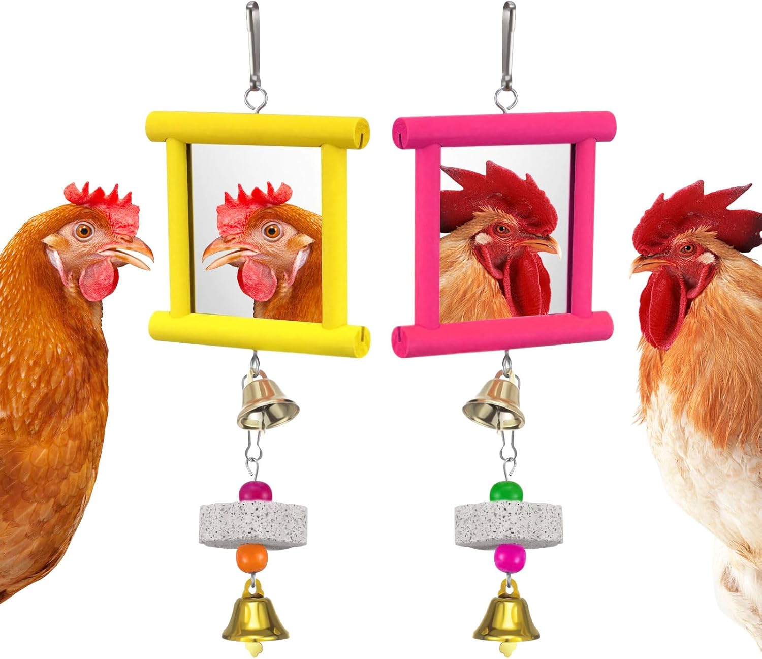 2Pcs Chicken Toys For Hens,Chicken Coop Accessories Chicken Swing Mirror,Bird Mirror For Coop Accessories,Red and Yellow Design for Pecking Entertainment And Boredom Relief