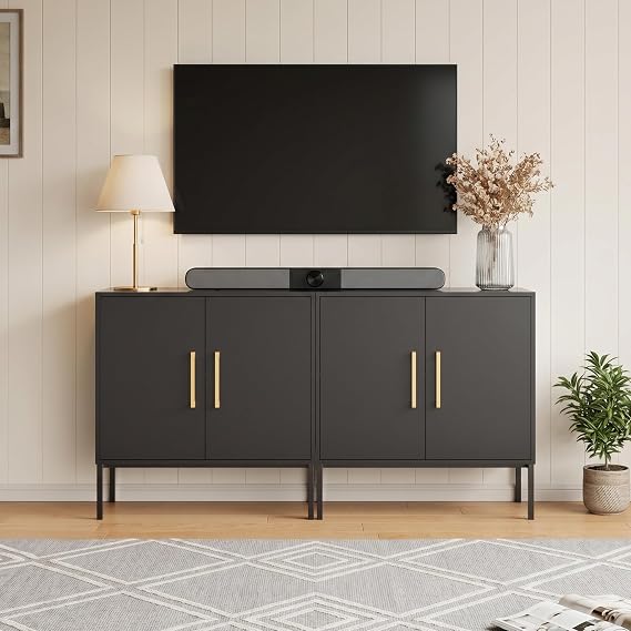 TV Stand with Adjustable Shelf and Gold Handle for 55 Inch TV, Black, 2PCSEntertainment Center with Storage Cabinet, TV Console with Metal Legs, TV Cabinet for Bedroom, Livingroom, Entertainment Room
