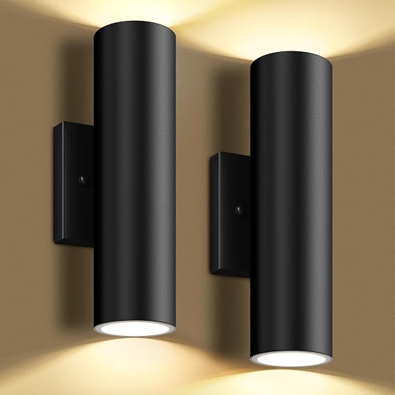 2-Pack Outdoor Wall Lights, Waterproof LED Integrated Cylinder Up Down Exterior Wall Sconce, 12W 1200LM Super Bright Outside Wall Lantern, Modern Black Wall Mount Light Fixtures for Porch Patio Garage