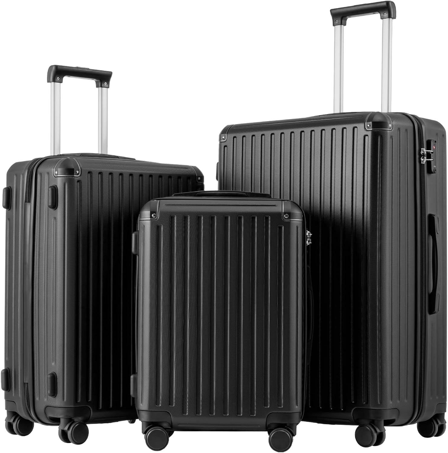 COOLIFE Suitcase Trolley Carry on Hand Cabin Luggage Hard Shell Suitcase Lightweight ABS Material with TSA Lock Telescopic Handle and 4 Dual Spinner Wheels Black, 3 Piece Set