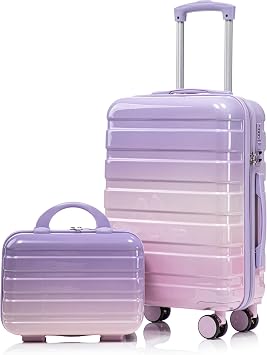 2 Piece Pink Purple Hardshell Luggage Set Lightweight Carry-On Luggage for Kids Girls with Spinner Wheels, 20 Inch Durable ABS Luggage with 14 Inch Cosmetic Case for Travel, Women