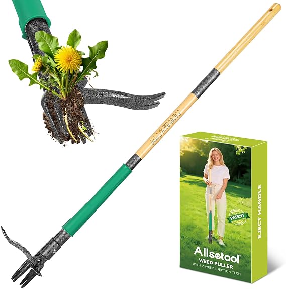 Weed Puller Tool with 2 Weed Eject Feature, 1.1m Stand Up Dandelion Remover Tool, Real Bamboo Handle and Metal 4 Claw & Foot Pedal, Heavy Duty Garden Weeder