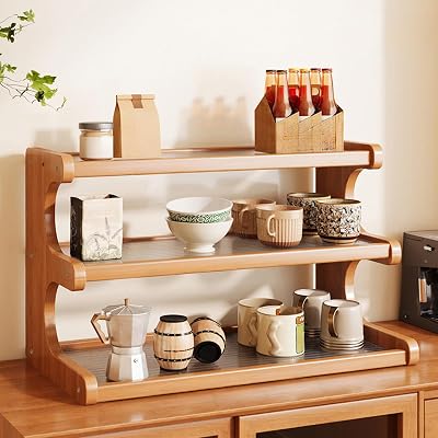 3 Tier Wooden Mug Rack Coffee Mug Holder, Tiered Wooden Display Riser Stand Shelf Countertop Spice Storage Holder for Kitchen, Coffee Bars, Jars, Seasonings