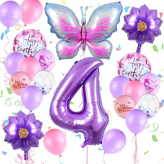 Butterfly Birthday Decoration Girls 4 Years, Pack of 23 Party Decoration, Butterflies Foil Balloon, Number Balloon, Foil Balloon Flower, Purple Birthday Party Decoration Balloons for Children