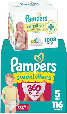 Pampers Swaddlers 360 Pull-On Diapers, Size 5, 116 Count, with Sensitive Water Based Baby Wipes 12 Flip-Top Packs 1008 Wipes Total