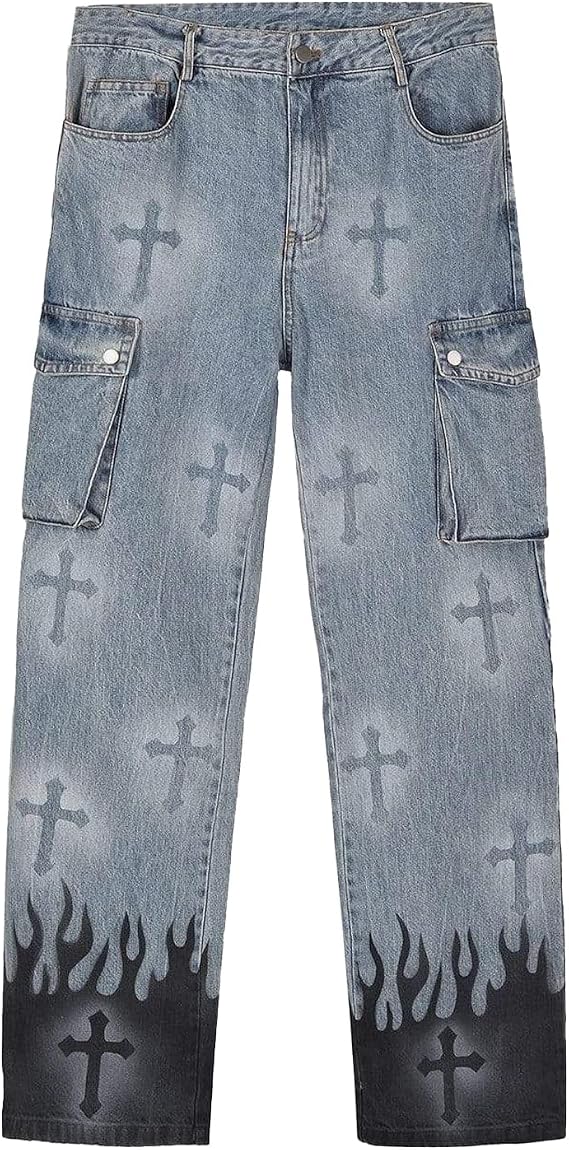 Aelfric Eden Mens Denim Jeans Flame Print Vintage Straight Trousers Streetwear Multi Pockets