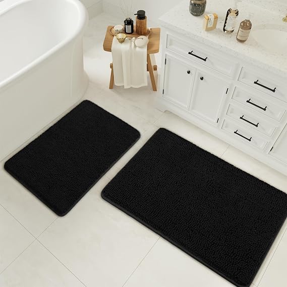 LOCHAS Bathroom Rugs Sets 2 Piece, Chenille Non Slip Bath Mat Set, Black