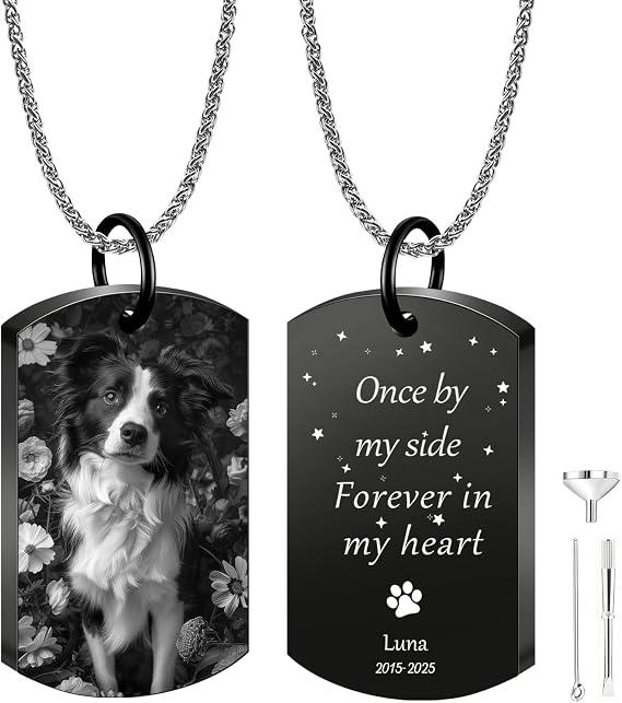 Iwe Personalised Dog Ashes Necklace – Custom Pet Ashes Necklace with Photo and Text Memorial Keepsake for Dog Loss (Black-JG-2)