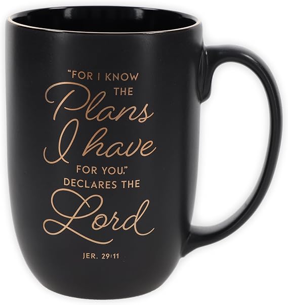 Christian Art Gifts Large Scripture Coffee Mug for Men, Women & Grads: Know the Plans Inspirational Bible Verse, Durable Ceramic Novelty Tea Cup, Sturdy Handle, Large 15 oz. Capacity, Charcoal & Gold