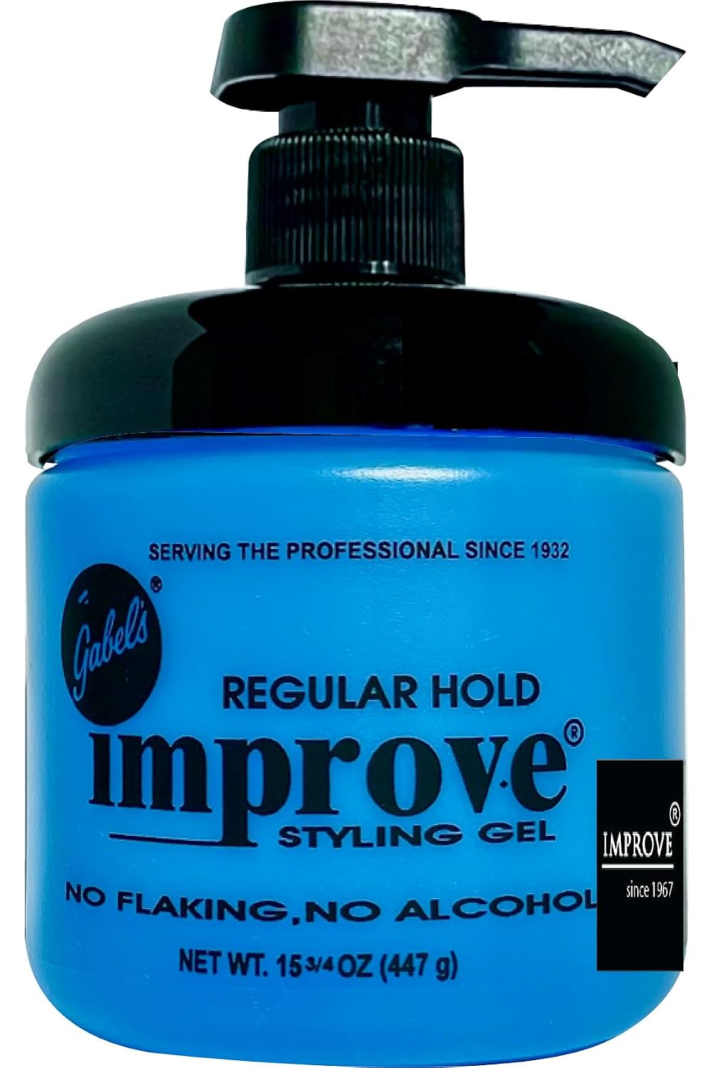 Improve Gabels Styling Gel Blue Regular Hold 15.75 oz  1 lb middle pump Authentic Gabels Manufacturer Direct has logo in black label on the jar Packed in individual box