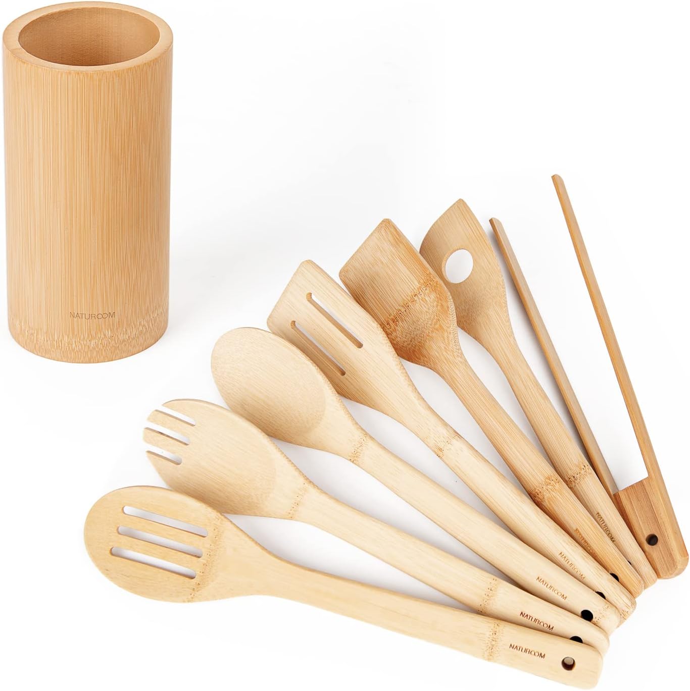 Naturoom Kitchen Utensils Set, 12", Bamboo Cooking Spoon and Spatula, Perfect for Nonstick Cookware, Bamboo, 12", 8 Pieces