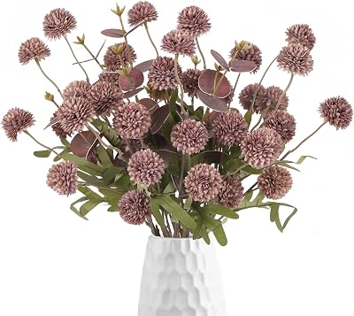 Faux Silk Pompom Mum Artificial Flowers,8 Stems Purple Fake Kiku Flower with 3 Branches Real Touch Eucalyptus Stems for Wedding Bouquet Home Party Floral ArrangementsPurple