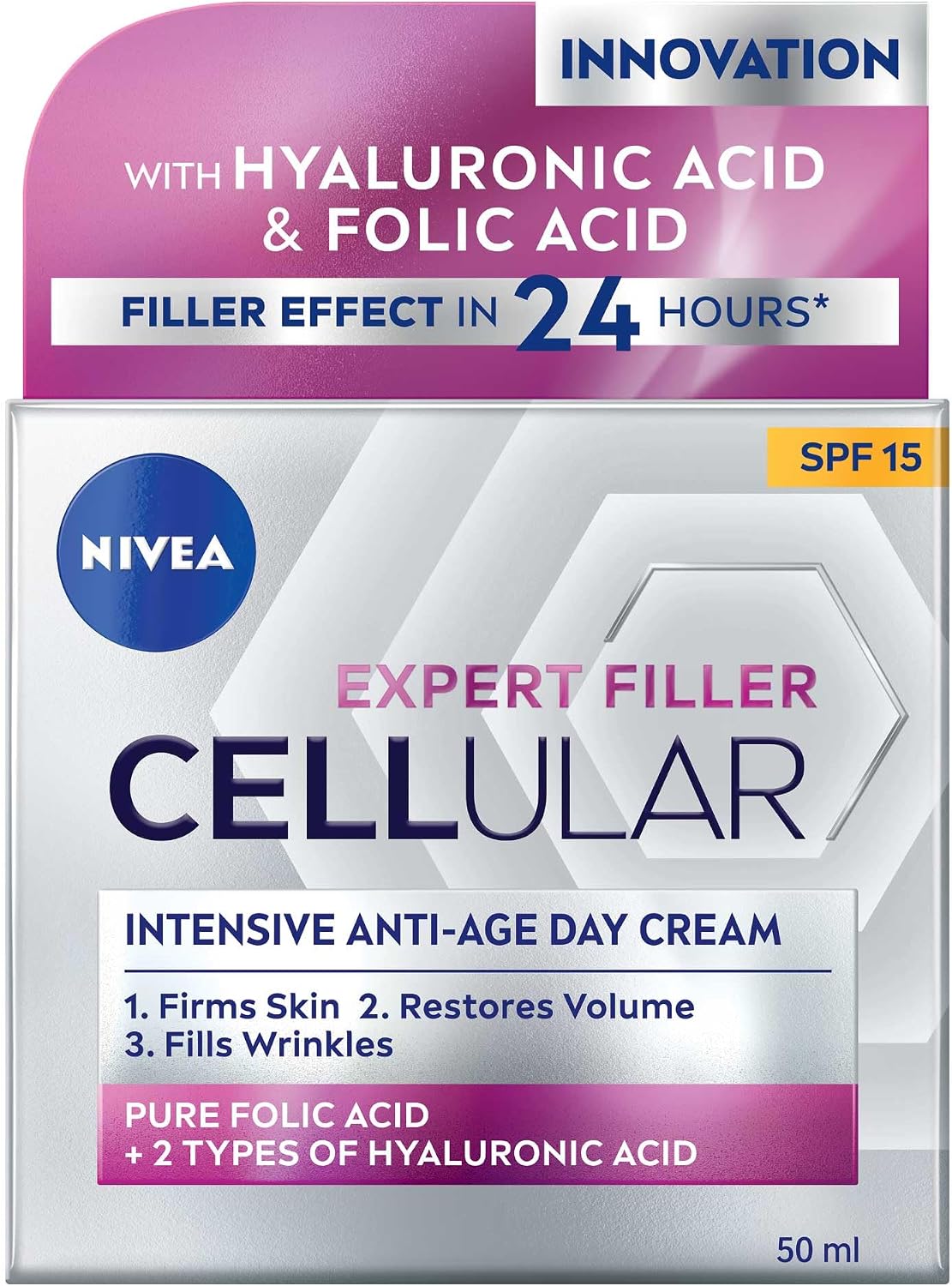 NIVEA Cellular Expert Filler Intensive Anti-Aging Day Care Face Cream 50 ml, Hyaluronic Acid and Folic Acid, SPF15 Sun Protection