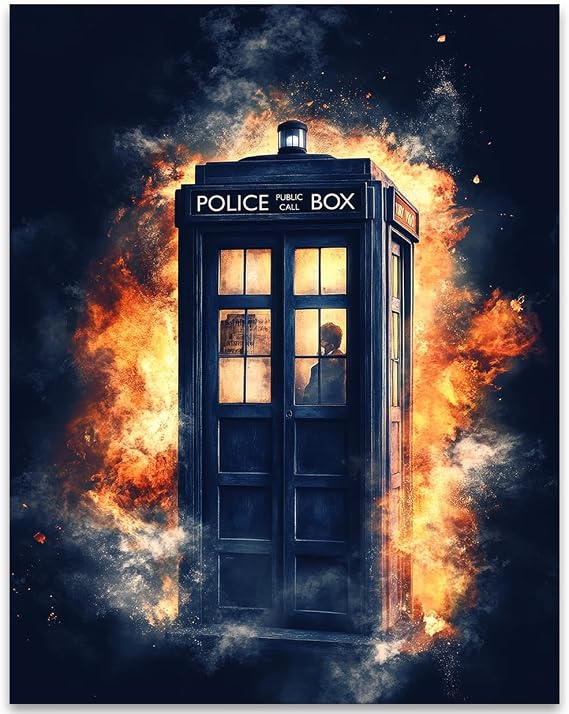 Tardis Through Time Sci-Fi Police Box 11x14 Unframed Poster Cinematic Vintage Call Box Wall Art, Retro Futuristic Illustration for Whovians - Science Fiction Fans, Fantasy Decor for Bar or Man Cave