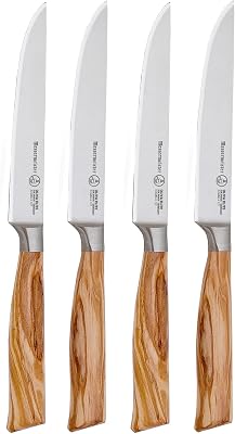 Messermeister Oliva Elite Fine-Edge Steak Knife Set - Fine German Steel Alloy Blade & Natural Mediterranean Olive Wood Handle - Rust Resistant & Easy to Maintain - Includes 4 Steak Knives