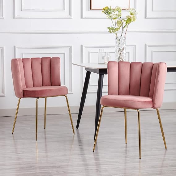 Velvet Dining Chairs Set of 2, Modern Accent Chair with Petal Back & Gold Metal Legs Comfy Upholstered Side Chairs for Kitchen/Living Room/Dining Room, Pink