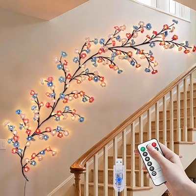 Blue Cherry Enchanted Willow Vine Lights,4FT 48 LED Cherry Blossom Lights with Remote Timer,8 Lighting Modes,LED Tree Branch Light for Wall,Cherry Blossom Wall Decor for Bedroom Living Room Windows