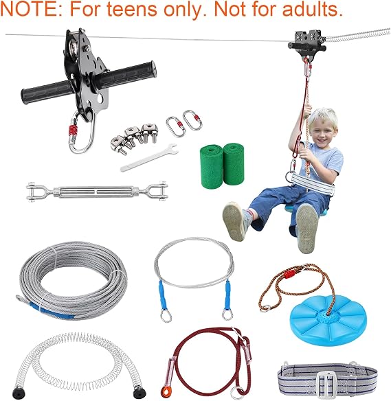 Happybuy100 ft Zipline Kit for Teens, Backyard Outdoor Setup with Stainless Steel Cable and Spring Brake, Ideal for Playground Fun (Note: for Teens Only. Not Suitable for Adults)