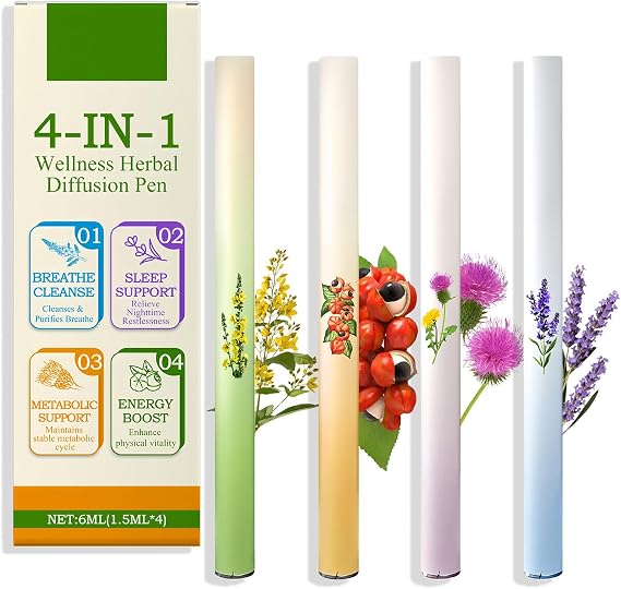 4Pcs Herbal Diffuser Pen,4-in-1 Herbal DiffuserPen,100% Natural Mullein Diffuser Pen,Flavoured Air Inhaler, Breathing Aid & Oral Freshening (1Box)