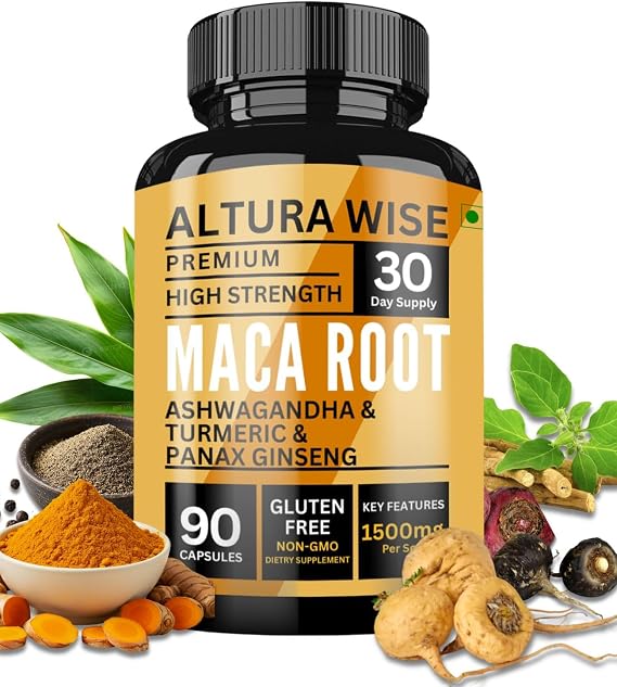 5 in 1 Pure Maca Root Capsules for Men and Women | Maca Root Powder Capsules with Black + Red + Yellow Maca Root with ashwagandha, panax Ginseng Extract Supplement - 90 Vegan Pills