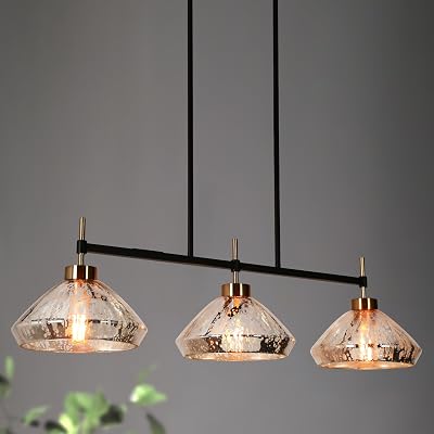 KSANA Black Gold Chandeliers for Dining Room, 3-Light 37.5 Kitchen Island Lighting with Textured Mercury Glass Shade, Modern Linear Chandelier Pendant Light Fixtures Over Pool Table