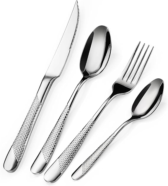 16PCS Hammered Cutlery Set, 18/10 Stainless Steel Knives and Forks Set with Ultra Sharp 2-in-1 Serrated Knife, Modern Tableware Silverware Set for 4 People, Dishwasher Safe, Mirror Polished, Silver