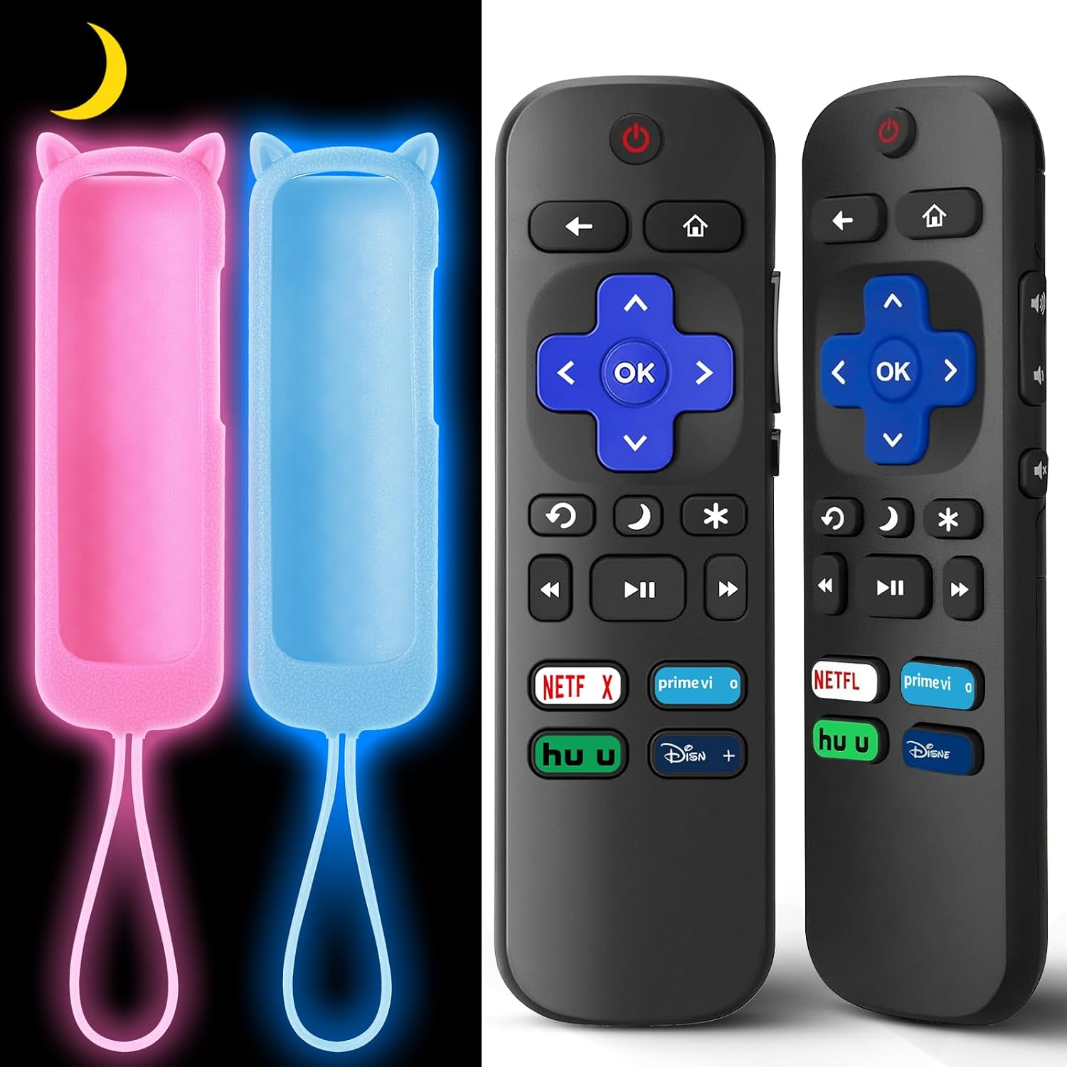 2個パック Roku TV用交換用リモコン ソフト保護シリコンカバー付き暗闇で光る、TCL/Hisense/Sharp/Onn/Element/Philips RokuスマートTV用ユニバーサルリモコン