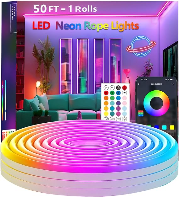 15 m RGB Neon LED Strip Lights Music Sync 24 V Flexible Strips with App/Remote Control Applicable to Bedroom Room & Outdoor Decoration [Energy Class G]
