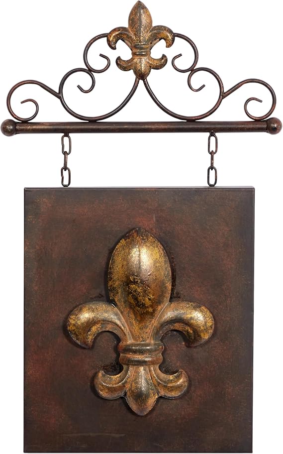 Deco 79 Metal Fleur De Lis Home Wall Decor Suspended Wall Sculpture with Scrollwork Hanger, Wall Art 15" x 2" x 23", Bronze