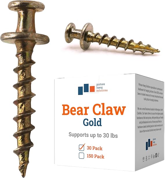 PHS Bear Claw Hanger Screws - 30 Pack Wall Hangers for Pictures - 30 lbs Heavy Duty Picture Hangers for Drywall & Plaster Walls - Gold Picture Hanging Hooks for D-Rings, Sawtooth, Wire and Keyholes