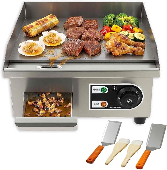 Commercial Electric Griddle 2000W, 14in Countertop Flat Top Grill, 50-300°C | 8mm Iron Plate, Hidden Oil Box, Enlarged Drip Hole, 3-Sided Splash Guards, Café and Catering Use, 2 Shovels, 2 Oil Brushes