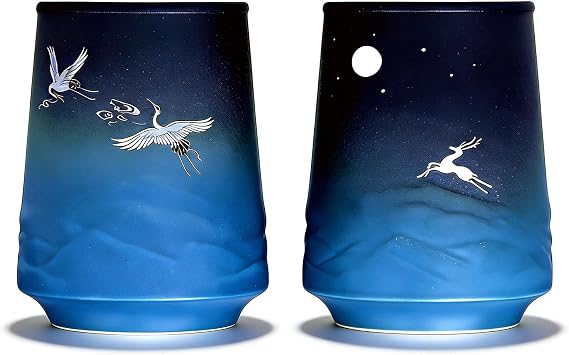 Pottery Couple Coffee Cups Set of 2, Crane & Deer Pattern, 10 oz | Japanese Style, Gradient Blue Matte Glaze, No Handles, for Tea & Coffee, Home Decor Wedding Gift