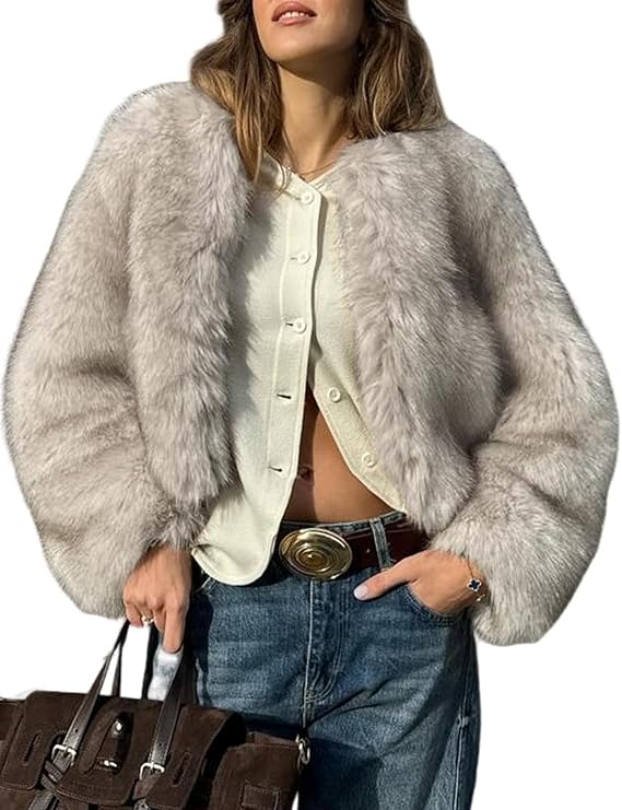 Yimoon Womens Faux Fur Coat Winter Warm Cropped Fur Jacket | Open Front, Crewneck, Long Sleeve, Fuzzy Cardigan Coat, Shaggy Outerwear, Fluffy Jacket