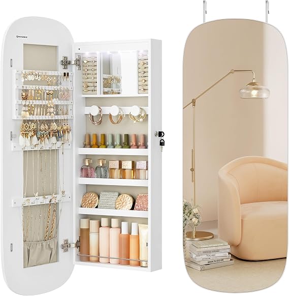 SONGMICS Jewelry Organizer, LED Jewelry Cabinet, Wall/Door Mounted