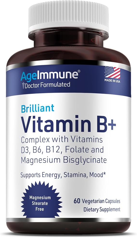 AgeImmune Vitamin B Complex with Vitamin D3 B12 B6 Magnesium Bisglycinate and Folate as Methylfolate - Doctor Formulated Methylated B Complex Supplement 60 Capsules - Without Niacin